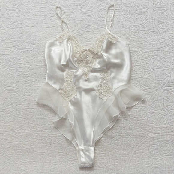 Victoria's Secret Other - Victoria's Secret Vintage Sequin-Embellished Satin Teddy‎ Bodysuit, Ivory White